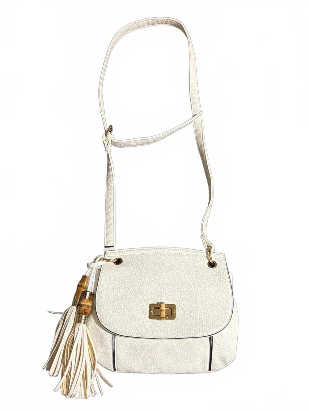White Crossbody Bag Faux Leather with Tassel Detail And Wooden Closure